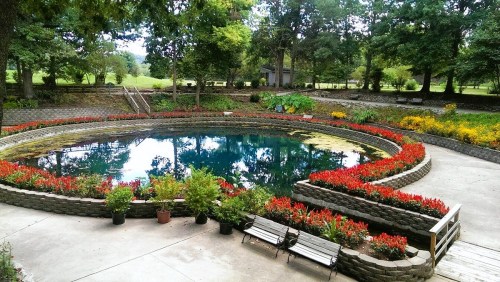 A circular pond surrounded by vibrant flowers and greenery, with benches and stone pathways in a serene park setting.