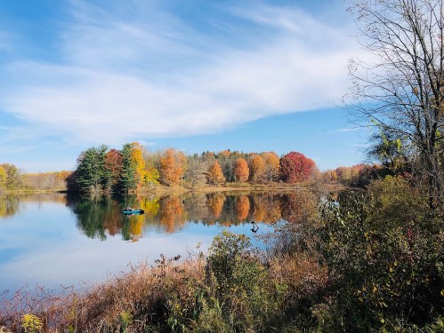 A serene lake surrounded by vibrant autumn trees under a clear blue sky, reflecting the colorful foliage.