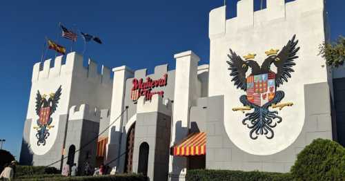 Exterior of a castle-themed building with flags and large coat of arms on the walls, under a clear blue sky.