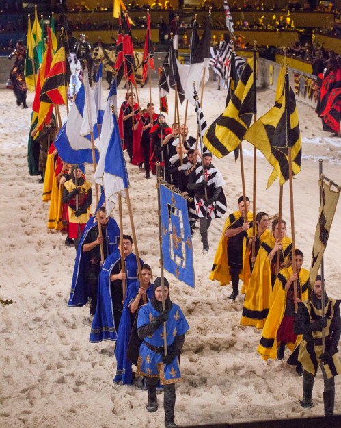 A colorful procession of performers in medieval costumes, carrying flags and banners on a sandy arena.