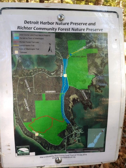 Map of Detroit Harbor Nature Preserve and Richter Community Forest, showing trails and locations within the area.