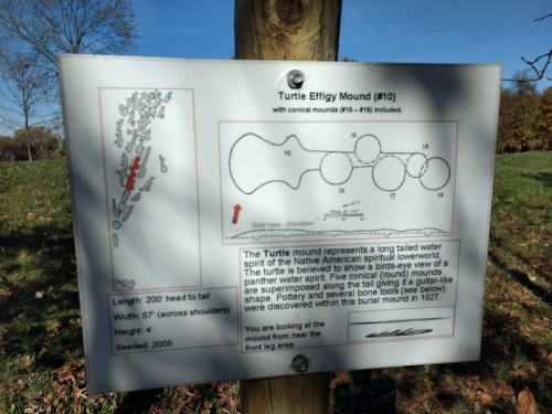 Sign describing Turtle Effigy Mound (#10) with details on its shape, dimensions, and historical significance.