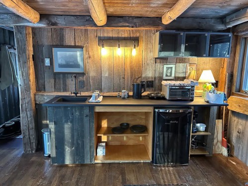 Cozy kitchen with wooden walls, a sink, small fridge, and warm lighting, featuring rustic decor and open shelving.