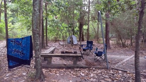 A campsite in a forest with a picnic table, two chairs, and a blue towel hanging on a tree. Leaves cover the ground.