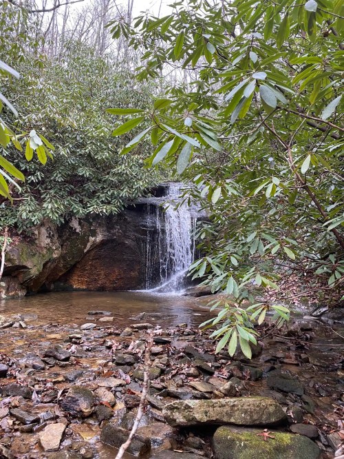A serene waterfall cascades over rocks, surrounded by lush green foliage and a tranquil pool below.