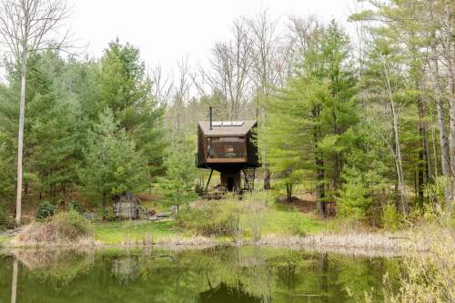 A modern treehouse perched above a pond, surrounded by lush green trees and a serene natural landscape.
