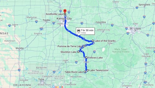 Map showing a route from Smithville Lake to Kansas City, passing through several lakes and covering 391 miles.