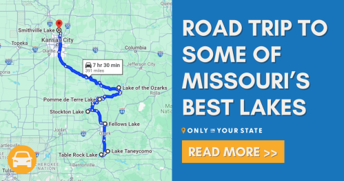 Map showing a road trip route to Missouri's best lakes, including Smithville Lake and Lake of the Ozarks.