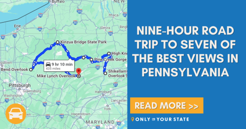 Map showing a nine-hour road trip route to seven scenic views in Pennsylvania, with a highlighted path and key locations.