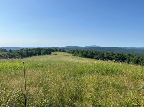 A scenic view of rolling green hills and distant mountains under a clear blue sky.