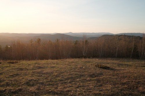 A serene landscape featuring rolling hills, sparse trees, and a soft sunset glow in the background.