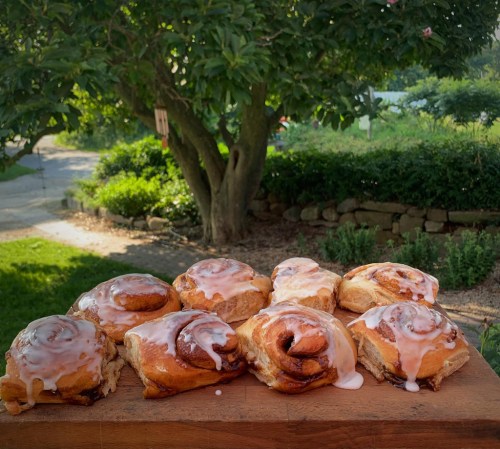 Freshly baked cinnamon rolls drizzled with icing, displayed on a wooden board in a lush garden setting.