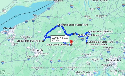 Map showing a route of 435 miles, taking 9 hours and 10 minutes, with various scenic overlooks marked.