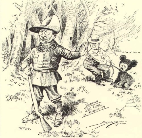 A cartoon depicting a man in a hat with a rifle, another man sitting, and a bear cub, titled "Drawing the Line in Mississippi."