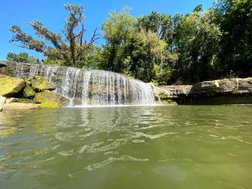 A serene waterfall cascades over rocks into a calm green pool, surrounded by lush trees under a clear blue sky.