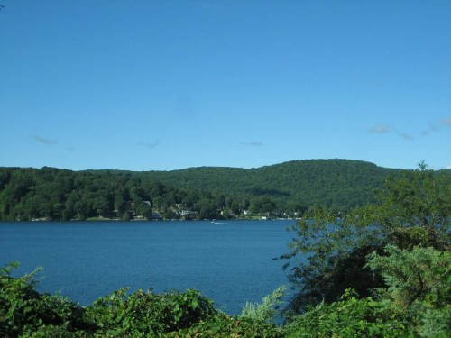 A serene lake surrounded by green hills under a clear blue sky, with a few houses visible along the shoreline.