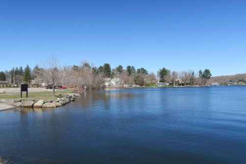 A calm lake scene with clear blue skies, trees lining the shore, and a few houses in the background.