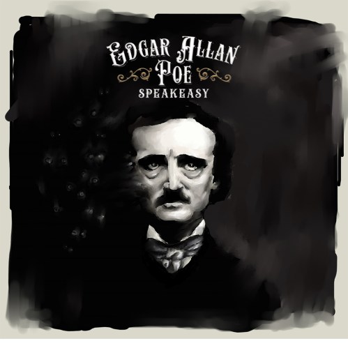 Illustration of Edgar Allan Poe with the text "Edgar Allan Poe Speakeasy" in a dark, moody style.