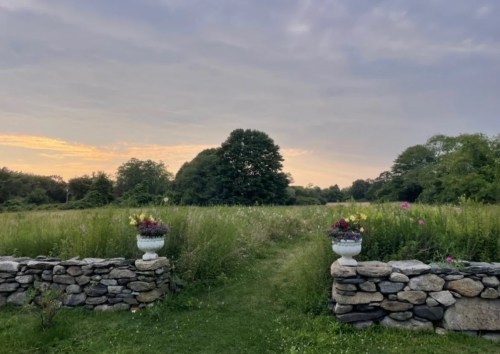 A serene pathway through a grassy field, framed by stone walls and flower pots, under a soft sunset sky.