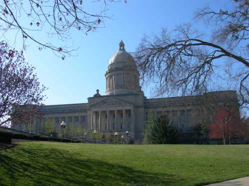 A grand government building with a dome, surrounded by trees and a clear blue sky. Green grass in the foreground.