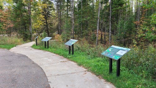 A winding path through a forest with informational signs on either side, surrounded by trees and greenery.