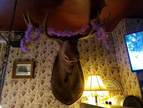 A mounted moose head adorned with purple flowers, set against a vintage wallpaper background and warm lighting.