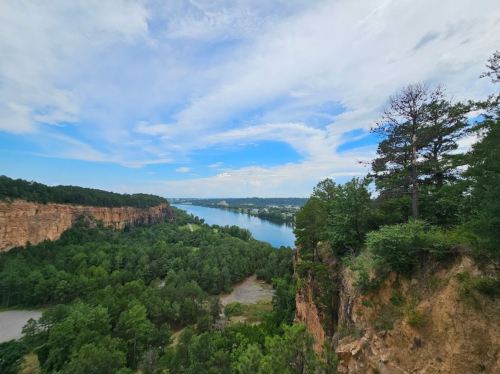 A scenic view of a river winding through lush greenery and cliffs under a partly cloudy sky.