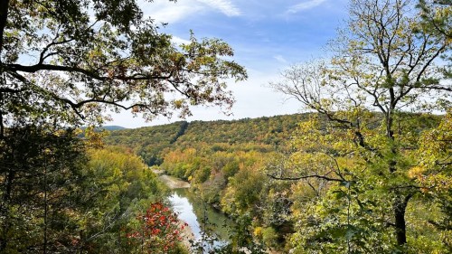 Scenic view of a river winding through colorful autumn trees under a clear blue sky.