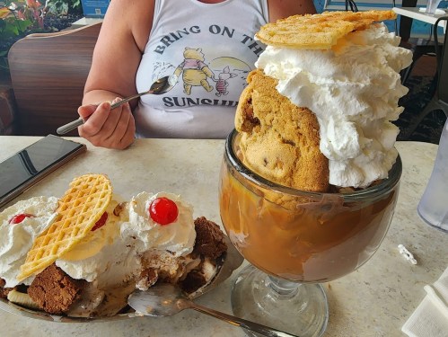 A large dessert bowl filled with ice cream, whipped cream, and cookies, alongside a smaller ice cream dish with toppings.