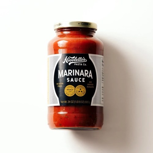 A jar of Nicoletto's Marinara Sauce, 24 oz, gluten-free, with a vintage-style label.