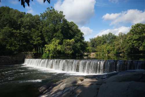 A serene waterfall cascades over rocks, surrounded by lush green trees and a clear blue sky.