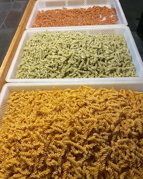 Three baskets of colorful pasta: orange, green, and yellow fusilli arranged neatly.