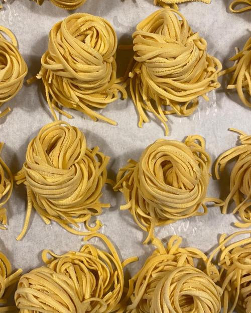 Freshly made pasta nests arranged on parchment paper, showcasing their yellow color and curly texture.