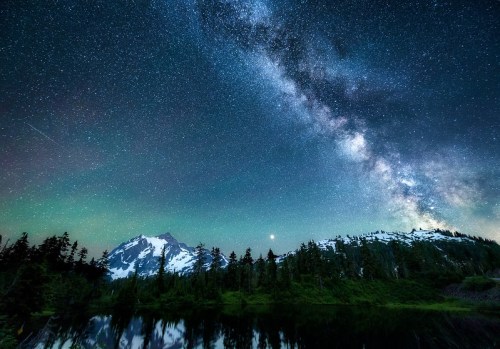 A starry night sky with the Milky Way over a snowy mountain and a calm lake, surrounded by evergreen trees.