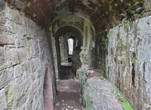 Interior view of ancient stone ruins with arched openings and moss-covered walls.