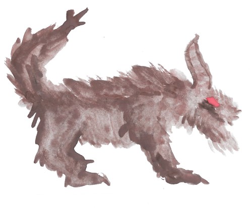 A dark, shadowy creature resembling a wolf, with red eyes and a textured, fur-like appearance.