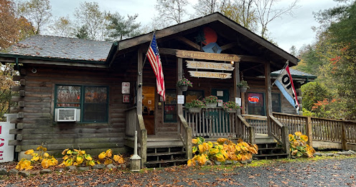 A rustic log cabin building with an American flag, flower pots, and autumn leaves, serving as a visitor center.