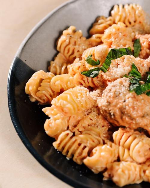 A close-up of a plate of pasta with a creamy sauce, topped with basil and grated cheese.
