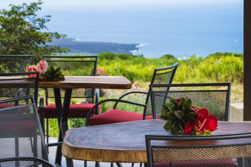 A scenic outdoor dining area with tables, chairs, and tropical flowers, overlooking a lush landscape and ocean view.
