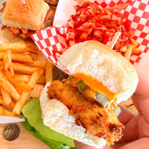 A hand holding a chicken sandwich with pickles and cheese, alongside fries and a side of ketchup-covered fries.