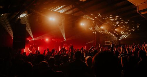 A lively concert scene with a crowd raising their hands, illuminated by colorful stage lights.