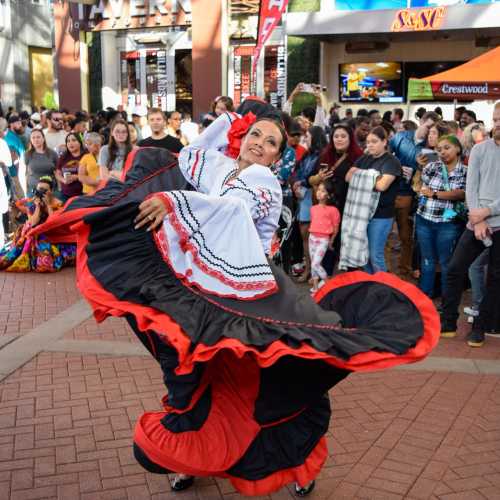 A dancer in a colorful traditional dress performs in front of a lively crowd at an outdoor event.