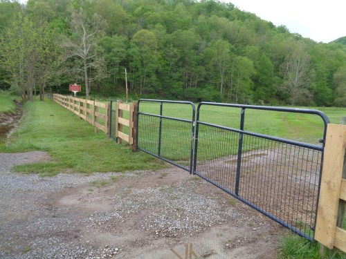 A metal gate opens to a grassy area, bordered by a wooden fence and surrounded by lush green trees.