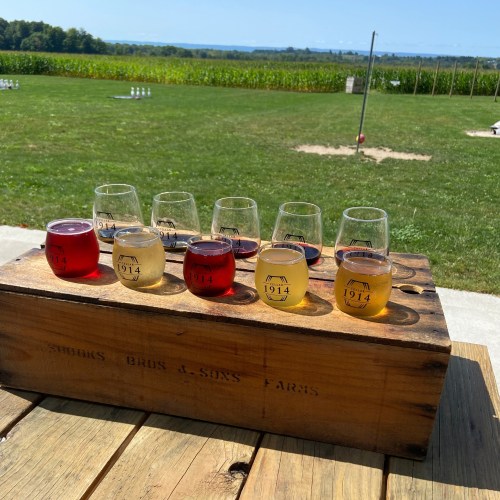 A wooden flight board holds eight glasses of colorful beverages, set against a scenic outdoor backdrop with greenery.