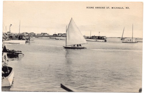 A vintage postcard depicting sailboats and a small boat on calm waters near St. Michaels, MD.