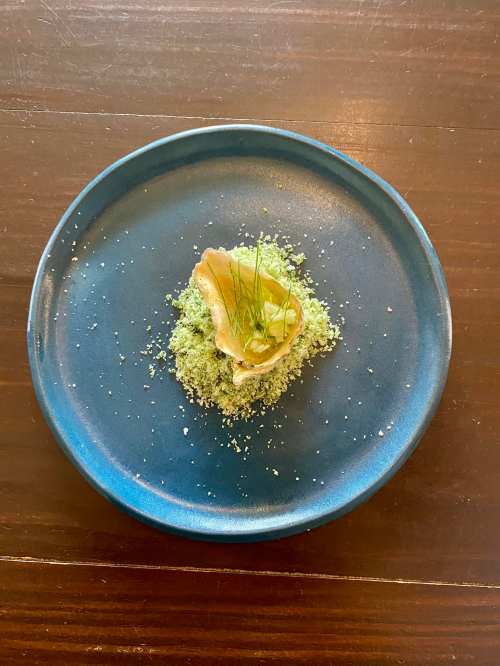 A small dish featuring a delicate food item atop a green powder, served on a blue plate.