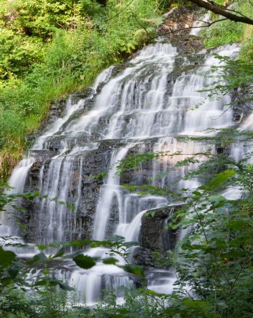 A cascading waterfall flows over rocky steps, surrounded by lush green foliage and trees.
