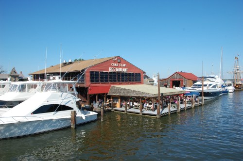 A waterfront restaurant with outdoor seating, surrounded by boats on a clear blue day.