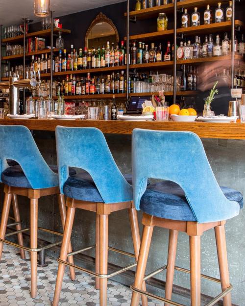 A stylish bar with three blue velvet stools, a wooden counter, and shelves filled with various bottles in the background.