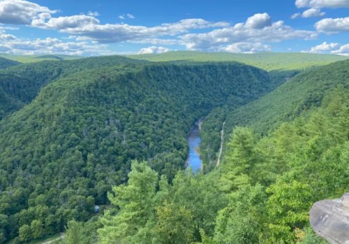 A scenic view of a lush green valley with a winding river, under a blue sky with fluffy clouds.